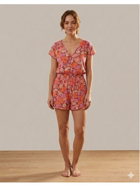 GAP Pink Orange Floral V-Neck Romper M